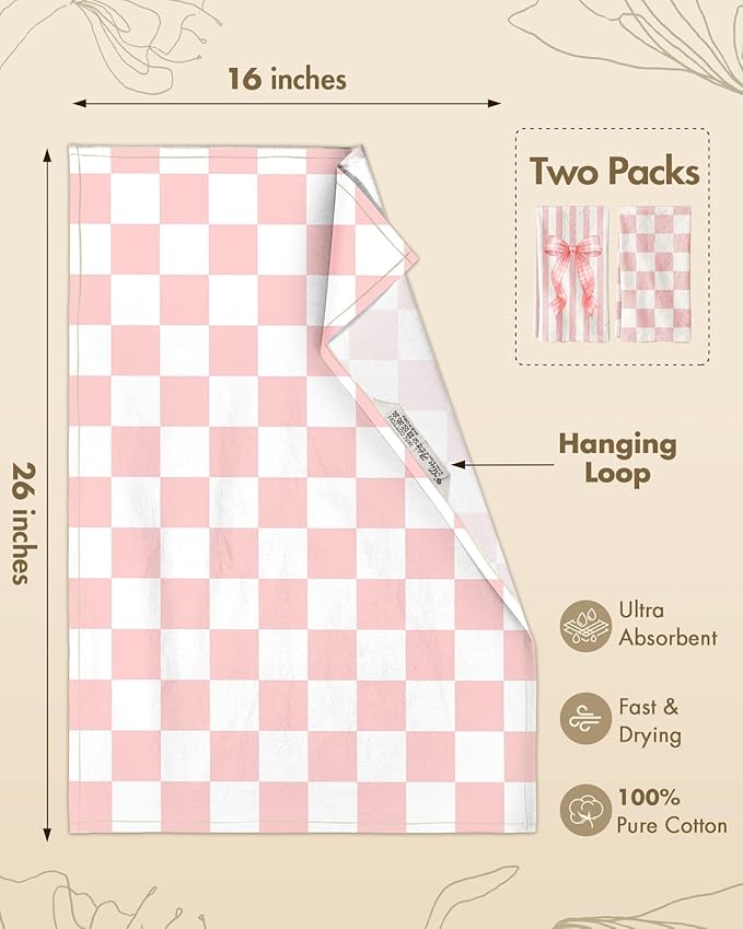 Miss Adola 2 Pack Flour Sack Kitchen Towels - 16x26 Inch Cotton Dish Towels with Hanging Loop Reusable Geometric Cute Modern Retro Tea Towel Absorbent Dishcloths Home Decor, Pink Bow