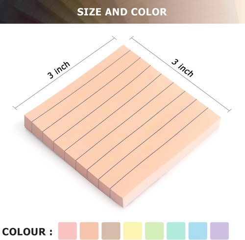 Lined Sticky Notes 3x3 Inch - 8 Pack Premium Self-Adhesive Notepads | Light Colors for Office & Home Use