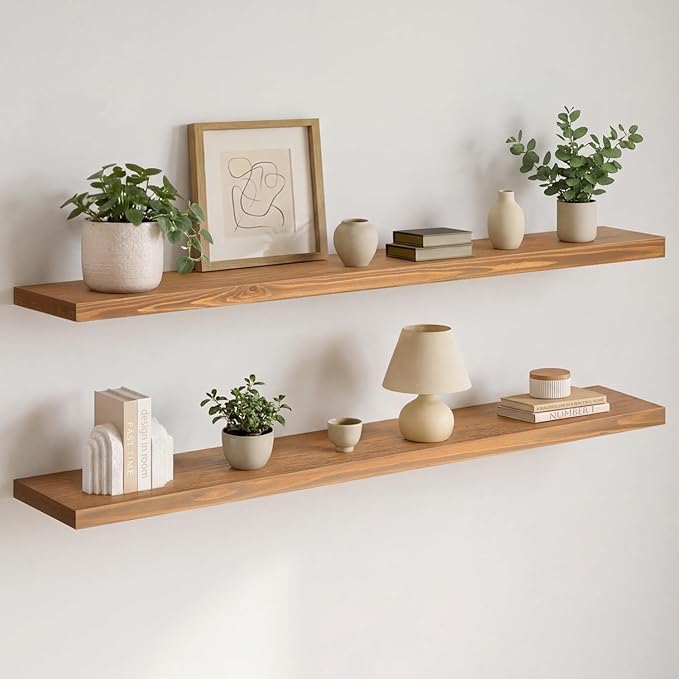 Homeforia 60 inch Golden Oak Floating Shelf, High End Solid Real Wood 60inch Small Floating Shelves for Wall Mounted, Oak Wooden 60in Floating Shelves, Heavy Duty Bracket, 60 X 6.5 X 1.75 in, Set of 3