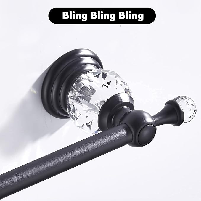 WINCASE Crystal Towel Bar, Black Adjustable Towel Rack, Single Hand Towel Holder Bathroom Shower Towel Rail Rod Modern Luxury Wall Mount Matte Black
