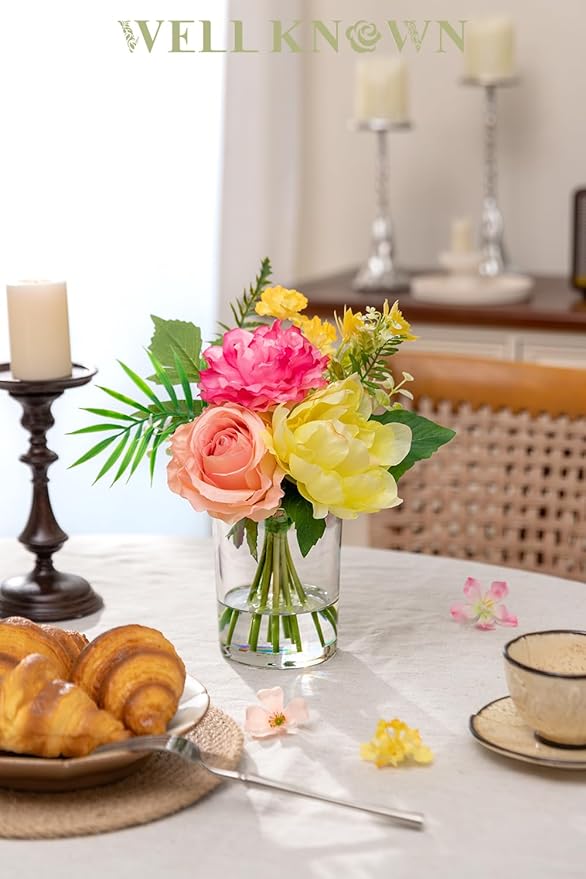 WELL KNOWN Artificial Flowers in Glass Vase, Silk Rose Peony Flower Bouquet for Home Dinning Tea Table, Office Desktop, Hotel, Wedding, Party, Lavatory Decor & Gift (Hot Pink, Coral & Yellow)