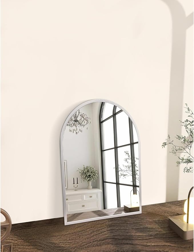 Arched Wall Mirror, Silver Arch Brushed Metal Frame Bathroom Mirror, Arched Top Bathroom Vanity Mirrors for Living Room Bedroom Mantel Entryway Hallways Home Decor Aluminum Alloy Frame 16"x12"