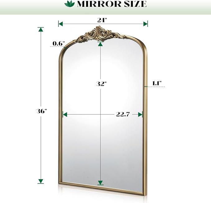 Vintage Mirror, 24"x36" Antique Gold Bathroom Arched Wall Mirrors, Ornate Arch Brass Baroque Mirror Over Sink, Bedroom, Fireplace, Entryway, Living Room, Hanging or Leaning