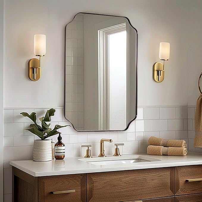 ANDY STAR Brushed Bronze Scalloped Mirror, 24"x32" Bathroom Vanity Mirror, Unique Rectangular Bathroom Mirror with Stainless Steel Metal Framed, Wall Mounted Decorative Mirror (Horizontal/Vertical)