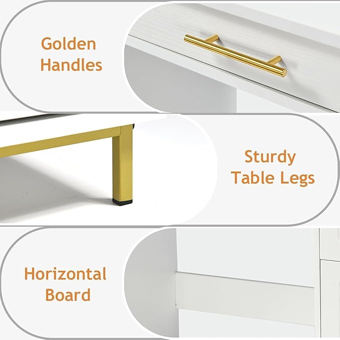 4 EVER WINNER White Desk with Drawers and Golden Handle, 43 Inch Small Desk with 4 Storage Drawers, Computer Desk with Storage Shelves for Home Office, White and Gold