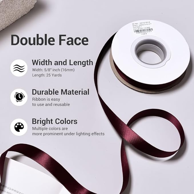 YAMA Burgundy Double Face Satin Ribbon - 5/8" 25 Yards Burgundy Ribbon for Gift Package Wrapping,Floral Design,Hair Bow Clip Making,Crafting,Sewing,Wedding Decor
