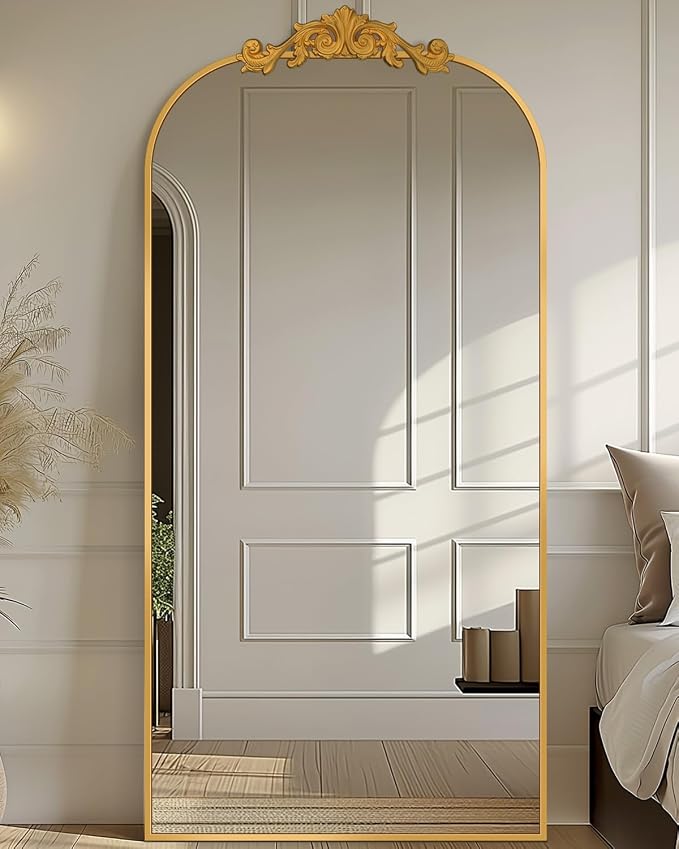 Antok Arched Full Length Mirror, 71"x28" Floor Mirror with Carved, Full Body Mirrors for HomeDecor, Standing/Halling Large Wall Mirror for Bedroom, Living Room, Cloakroom, Gold, Retro Style