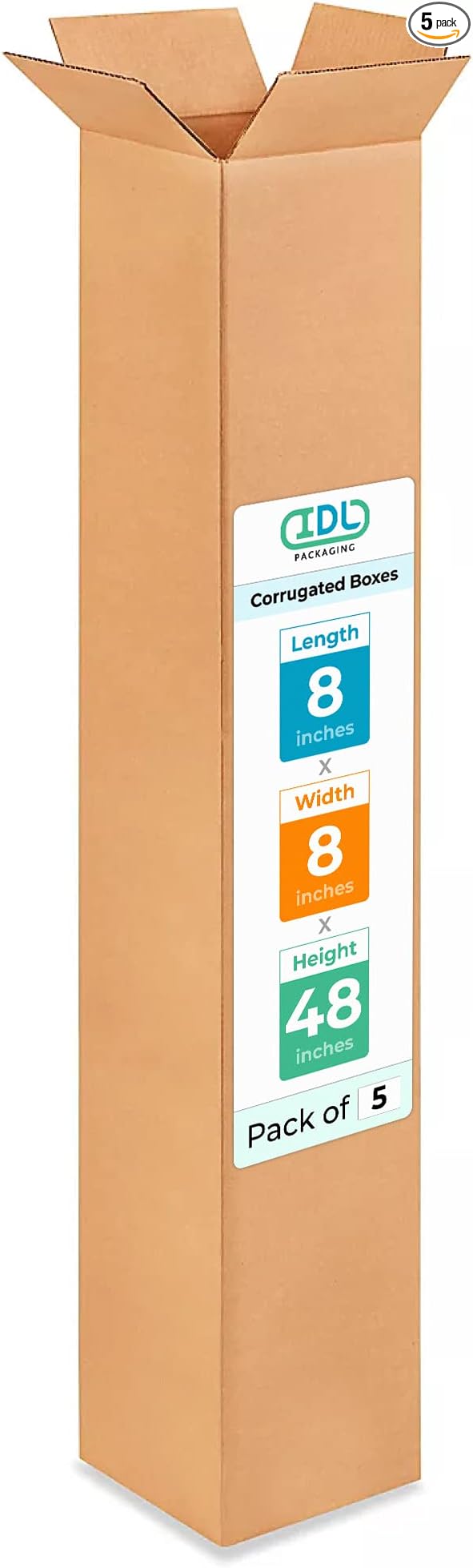 IDL Packaging 5-Pack Tall Shipping Boxes - 8 x 8 x 48 Inches, Extra Strength 200 lb vs Regular Box - Corrugated Durable Moving Boxes for Packing and Delivery