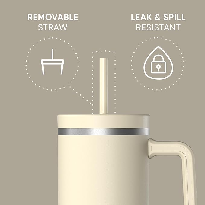Hydrapeak Voyager 40 Oz Stainless Steel Tumbler with Handle, Insulated Water Bottle With Straw & Lid, Cupholder Friendly Reusable Travel Mug (Modern Cream)