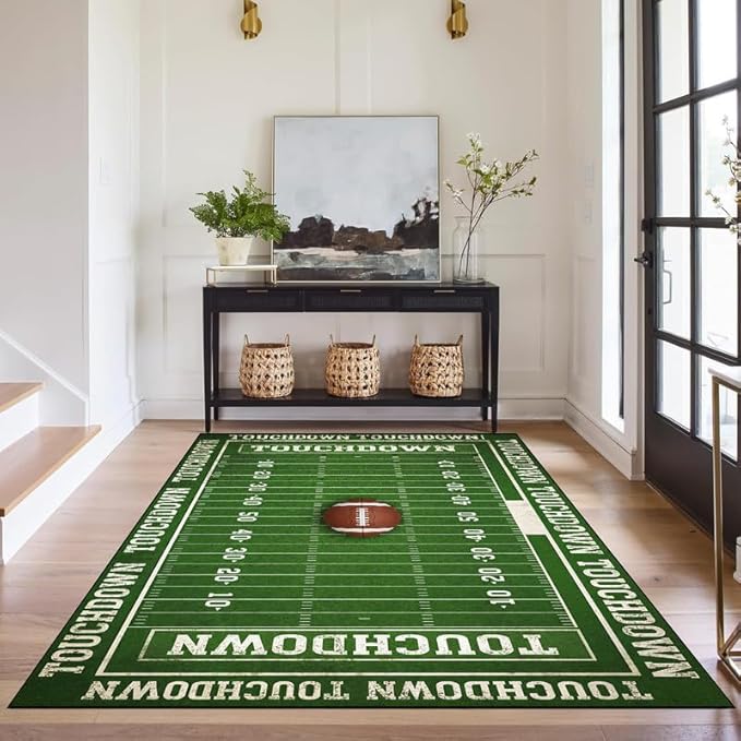 3'x5' Football Field Area Rug Sports Themed Carpet for Nursery Bedroom Playroom Classroom Entryway Living Room Home Decor Non Slip Washable Game Room Play Mat