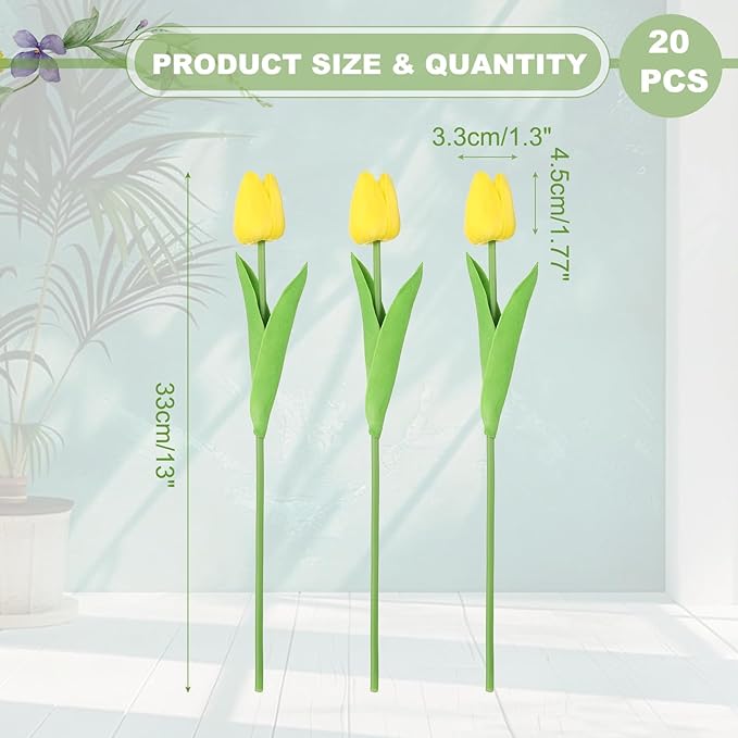 uxcell 20pcs Tulips Artificial Flowers, Faux Flowers Silk Fake Tulip Stems Real Touch for Wedding Bouquet Centerpiece Table Party Decoration(Yellow)
