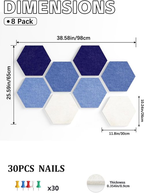 Hexagon Felt Bulletin Board Tiles by [Brand Name] - 12" Large Thick Pin Board for Home & Office Decor | 8 Pack with 30 Push Pins