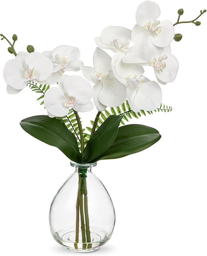 Oairse White Orchids Artificial Flowers, Faux Orchid in Glass Vase Real Touch Small Phalaenopsis Orchid Flowers Arrangements with Clear Vase Orchids Centerpiece for Dining Room Table