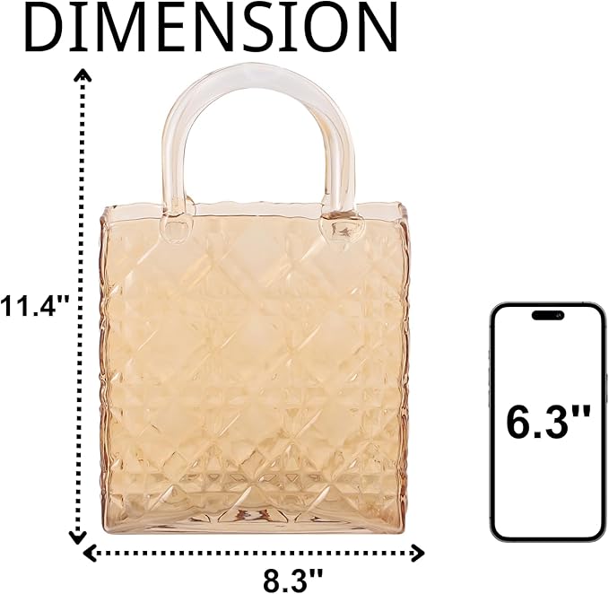 Glass Purse Vase, Glass Bag Vase, Amber Vases for Flowers, 12 Inch Large Flower Vases with Embossed Pattern for Wedding, Living Room, Bedroom, Table, Office(Tote)