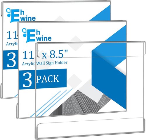 EHWINE Acrylic Sign Holder - 3 Pack 8.5 x 11 Horizontal Wall Display Frames | Clear Plastic for Office & Business