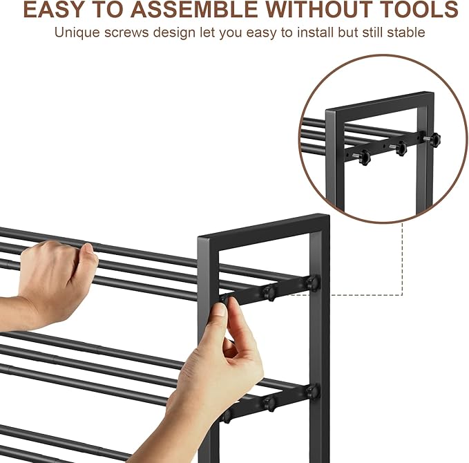 HDDTTZ 3-Tier Expandable Shoe Rack, Adjustable Shoe Shelf Storage Organizer Heavy Duty Metal Free Standing Shoe Rack for Entryway Closet Doorway (Black)