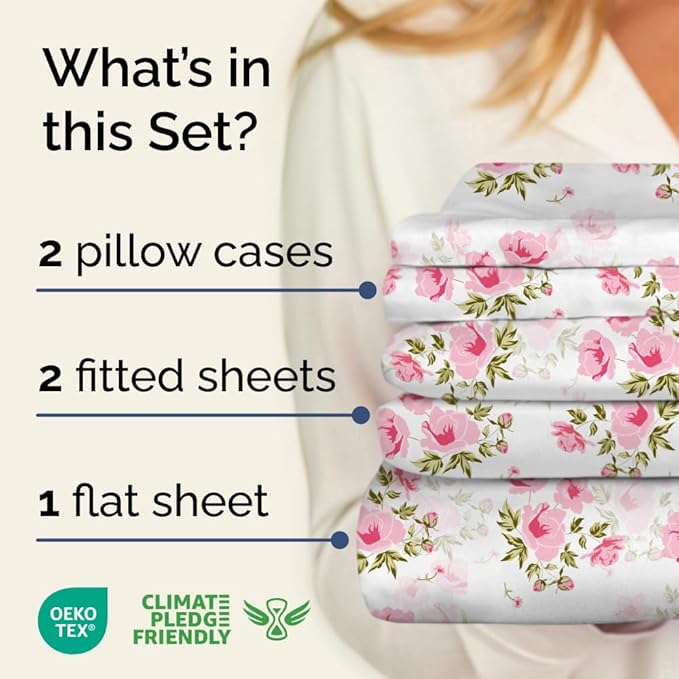 Floral Sheets - Pink Floral Bed Sheet Set - 1 Flat, 2 Fitted & 2 Pillowcases w/ Deep Pockets - Wrinkle & Fade Free - Boho Botanical Bedding - Ultra-Soft, Breathable and Cooling - Split King Size Set