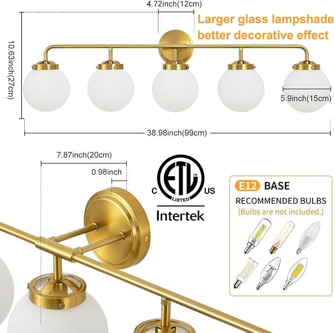 Bathroom Light Fixtures Gold Vanity Lights Over Mirror, Modern Wall Sconce Lighting 5-Light with White Glass Globe Shade