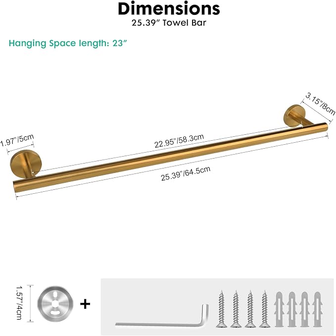 Modern 24 inch Towel Bar Brushed Gold,Stainless Steel Towel Racks for Bathroom Wall Mounted,Bathroom Towel Holder,Home Decor Towel Rod