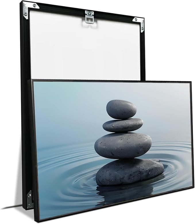 Zen wall art Harmonious grey stones stacked on a calm surface of water Serene Zen decor suitable for tranquil homes and spaces of meditation 20x30in Metal blackFramed