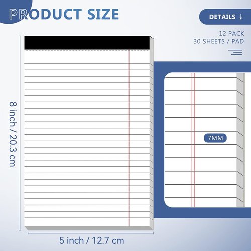 Nichela Legal Notepads - 5" x 8" College Ruled, 30 Sheets, 12 Pack | Heavyweight 80GSM Paper for Home, Office, School