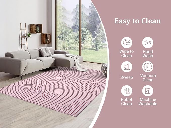 Washable Rugs 5x7 Abstract Lines Print Area Rug Non Slip Cute Girl Room Rug Low Pile Boho Rainbow Carpet Ultra-Thin Soft Bedroom Rug Non Shed Thin Modern Carpet for Dorm Apart Dining Room, Pink