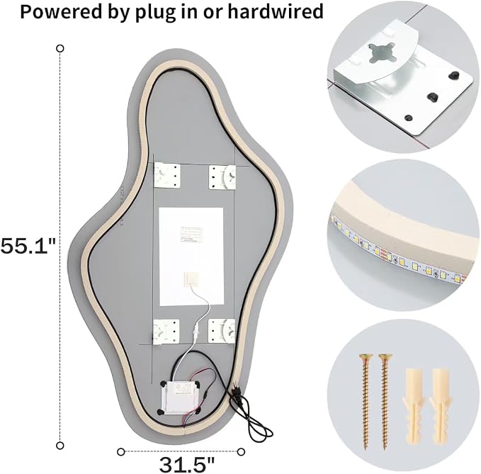 55″x31.5″ Modern Irregular LED Bathroom Mirror with Lights, Asymmetrical Frameless Smart Lighted Wall Mirror for Living Room Entryway, Large Decorative Makeup Vanity Mirror with Touch Switch