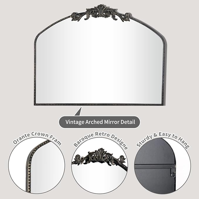 Black Arched Mirror 40"X31", Vintage Antique Baroque Mantel Mirror with Black Brush Gold Metal Frame, Ornate Wall Decor for Entryway/Fireplace/Living Room/Hallway/Bathroom/Bedroom