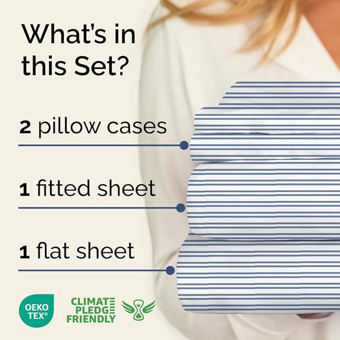Blue and White Striped Sheets - 1 Flat & 1 Fitted Sheet & 2 Pillowcases w/ Deep Pockets - Comfy, Wrinkle & Fade Resistant - Ultra-Soft, Breathable & Cooling - Luxury Pinstripe Bedding - Queen Size
