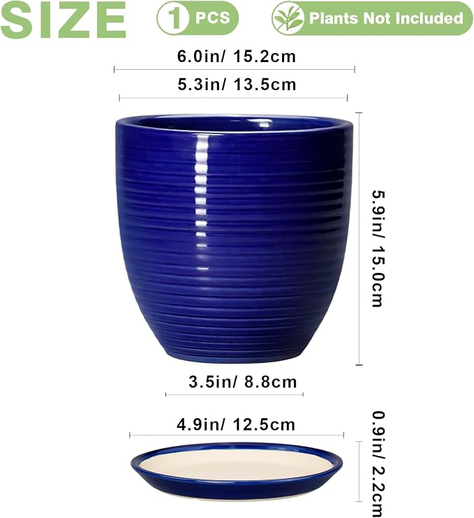 Ceramic Plant Pot - 6 Inch Pots for Plants, Round Ceramic Planters with Drainage Hole and Saucer, Decorative Flower Pots for Indoor Plants, Room Desk Decor, Housewarming Gifts, Glossy Blue