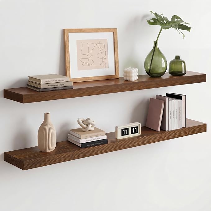 Homeforia Classic Walnut 36 inch Floating Shelf, High End Solid Real Wood Small 36inch Floating Shelves for Wall Mounted, 36in Floating Shelves, Heavy Duty Bracket, 36 X 6.5 X 1.75 inches, Set of 3
