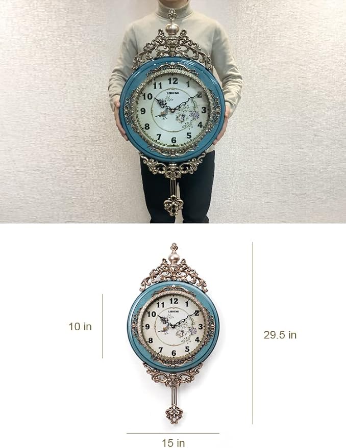 SHISEDECO Elegant, Traditional, Decorative, Hand Painted Modern Grandfather Wall Clock Fancy Ethnic Luxury Handmade Decoration, Swinging Pendulum for New Room or Office. Large. 29.5 Inch. (Blue)