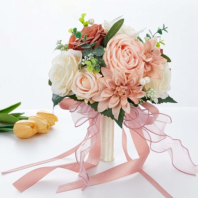 CYANLUX Wedding Bouquets for Bride Bridesmaid Bouquet Champagne White Artificial Roses Flowers for Wedding Valentine's Day Church Home Decoration… (Pink)