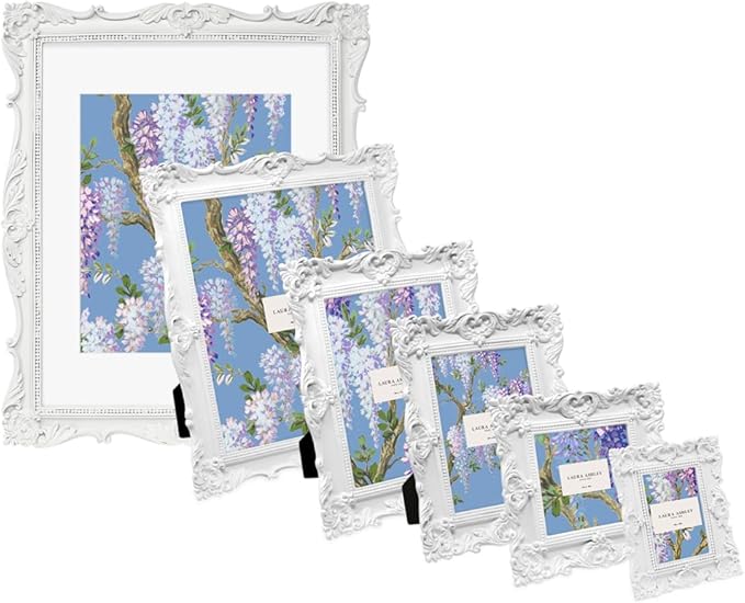 Laura Ashley 11x14 White Ornate Textured Hand-Crafted Resin Picture Frame, Wall Mount, Decorative Floral Design Home Décor, Photo Gallery, Art, More (White, 11x14 (Matted 8x10))