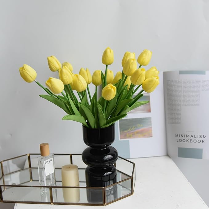 20PCS Yellow Fall Artificial Flower Tulips PU Real Touch Tulips for Home Wedding Decoration Brides Hand Holding Bouquet Artificial Flower Decoration (Type-Yellow)