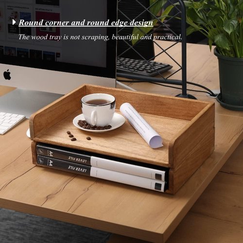 DDYURI Stackable Wood Paper Trays - Stylish Desk Organizer for Letters & Magazines | 2-Piece Set in Light Wood