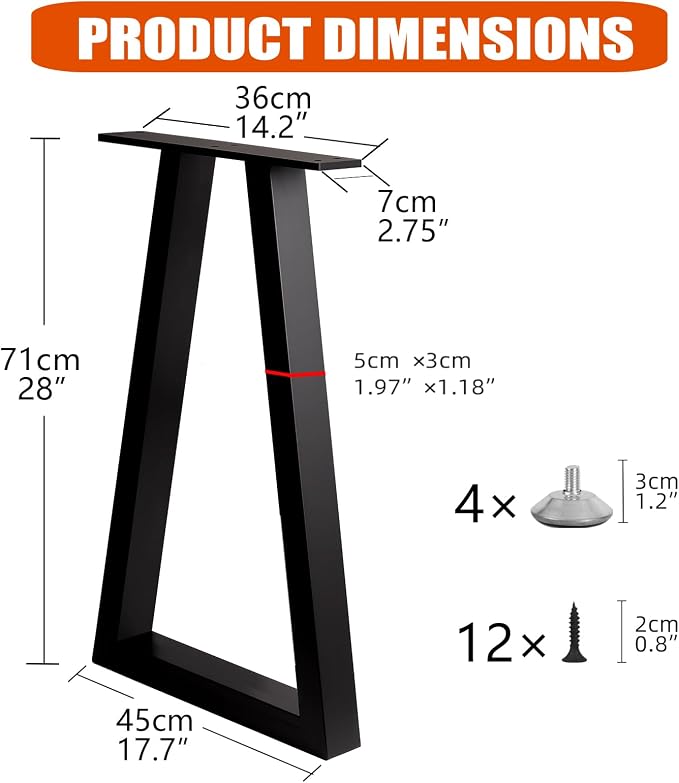 Metal Table Legs 28x17.7 Inch Trapezoid Desk Legs, Heavy Duty Industrial Steel Furniture Feet Set of 2 for DIY Kitchen Table Base, Console, Computer Desks (Black)
