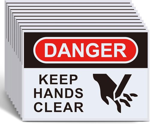 Safety Decals by Danger | 10 Pcs Keep Hands Clear Warning Stickers - 5 x 3.5 Inch Adhesive Vinyl, Red/Black on White