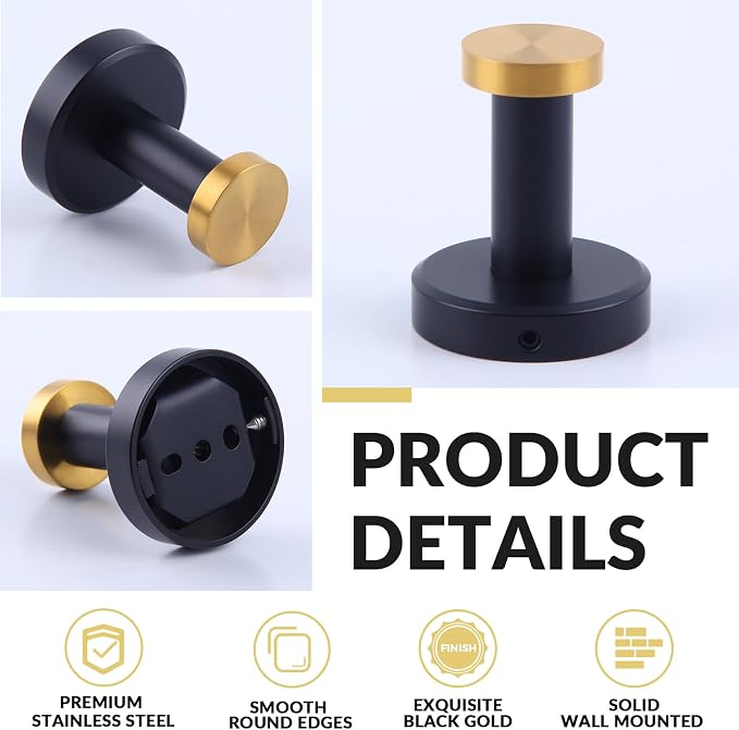 APLusee Black Gold Robe Towel Hook, Stainless Steel Coat Hanger, Clothes Holder for Bath Toilet Accessories, Wall Mounted