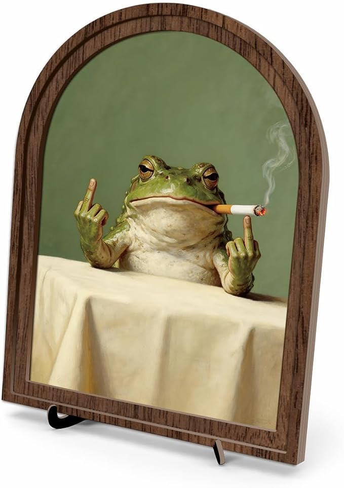 Funny Frog Tabletop Decor Sign, Arched Wooden Frame with Stand, Retro Whimsical Print, Home Office Desk Art for Living Room Bedroom, Vintage Frog Smoking Poster