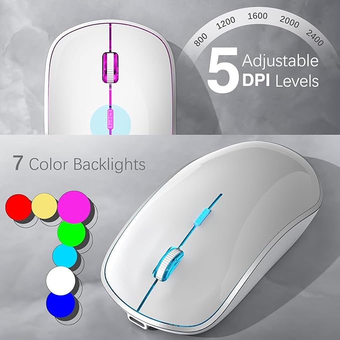 J JOYACCESS Wireless Keyboard and Mouse Combo with 7 Backlit Options,Quiet Light Up Keys,Type-C Rechargeable,Sleep Mode-2.4G Slient Portable Cordless Combo for Laptop/PC/Computer/Mac(White+Sliver)