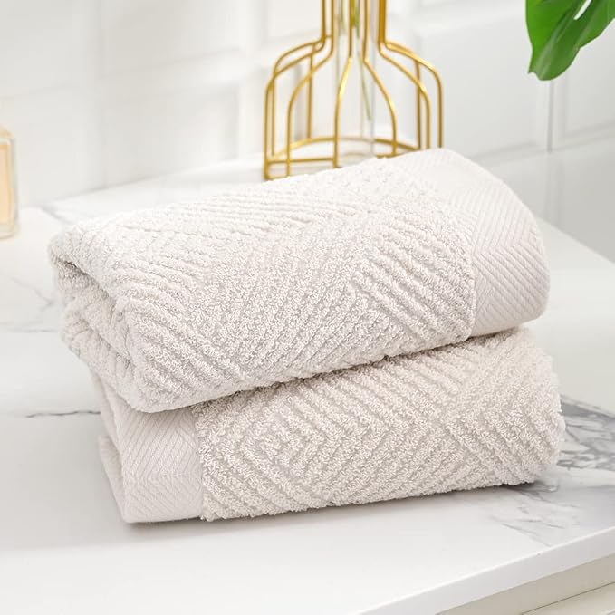 sense gnosis Lime White Hand Towel Set of 2 Super Soft Terry Striped Weave Pattern Ultra Absorbent 100% Cotton Bathroom Hand Towel 13 X 29 Inch, Beige