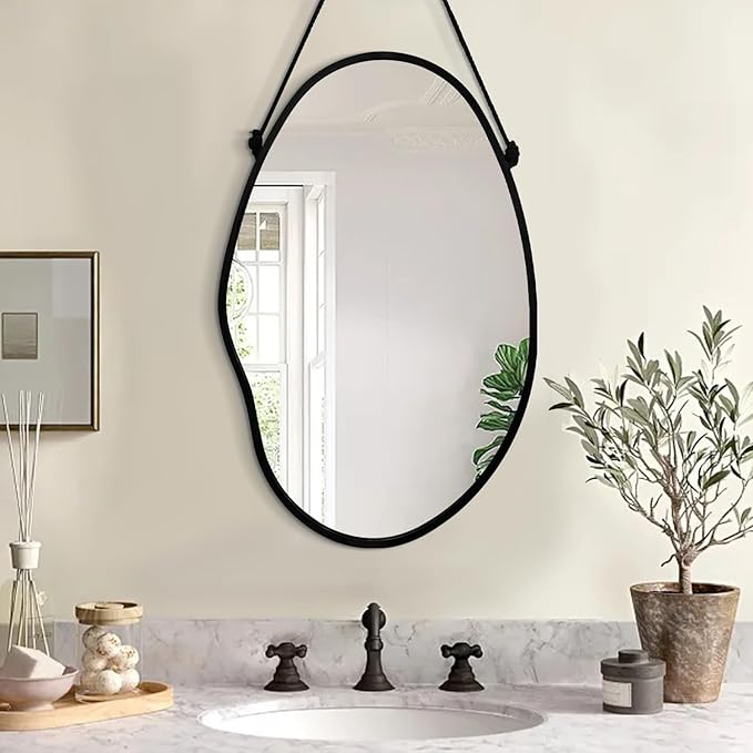 Bedroom Wall Mirror Irregular Black Frame Asymmetrical Mirror for Wall Vanity Bathroom Living Room Bedroom Entryway Hallway Modern Unique Decorative Artistic Hanging Mirror