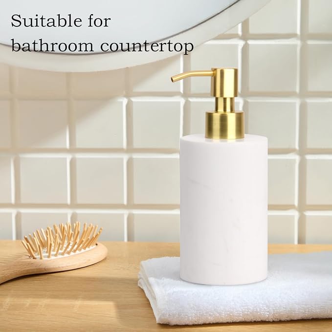 Natural Marble Soap Dispenser for Bathroom and Kitchen Countertop - 5.41 Ounces Hand Lotion and Liquid Stone Shampoo Laundry Bottle with Pump (1, White, Cylindrical Bottle)