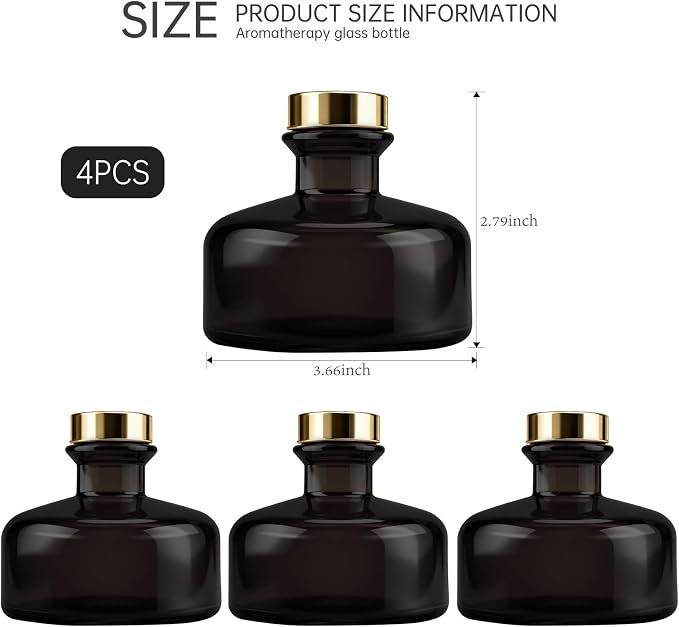 Brown Black Glass Diffuser Bottles Diffuser Jars with Gold Caps Set of 4 – 2.75 inches High, 150ml 5.1 Ounce. Fragrance Accessories Use for DIY Replacement Reed Diffuser Sets.