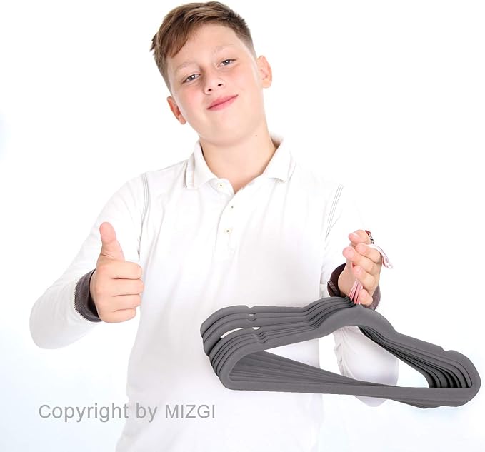 MIZGI Kids Velvet Hangers,Non-Slip Big Kids Hangers,14 Inch Hangers for Youth,Teen Clothes,Pack of 50