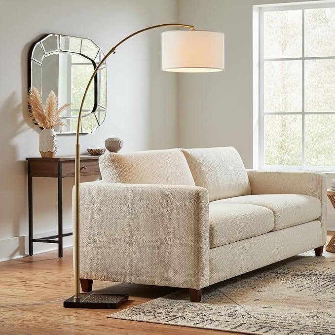 Brightech Logan Arc Floor Lamp, Bright Standing Lamp for Living Rooms, Offices & Bedrooms, Modern Living Room Décor, Tall Hanging Floor Lamp for Reading and More – Gold/Brass