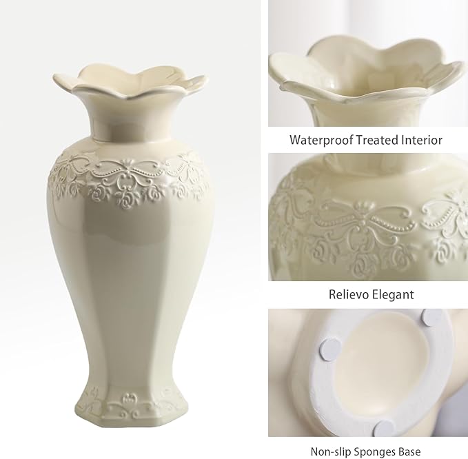 Relievo Elegant White Cream 8in 11in Ceramic Flower Tall Aesthetic Beige Table Tulip Wide Mouth Rose Filler Decorative Rustic Vase Decor for Home (Cream Vase, L)
