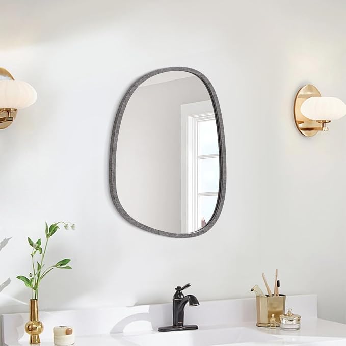 Asymmetrical Mirror for Wall Irregular Small Wall Mirror Oval Modern Wood Frame Unique Shape Mirror Wall Mounted Vanity Artistic Mirror Decorative for Living Room Bedroom Bathroom Entryway Hallway