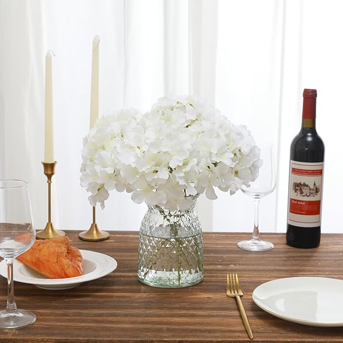 Fake White Hydrangea Artificial Flowers - Faux Silk Hydrangeas Flowers Heads with Stems Real Touch for Home Wedding Party Table Decor(White,Pack of 10)